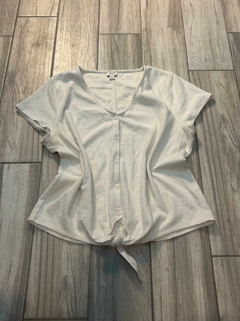 J. Crew Off White XL Button-Front Tie-Hem Top Textured Short Sleeve Boho Hippie